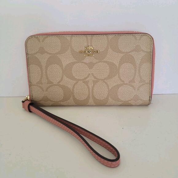 COACH Signature Phone Zippered Wallet With Strap 6 1/4 x 3 1/2 Pink Tan Medium - Picture 1 of 8